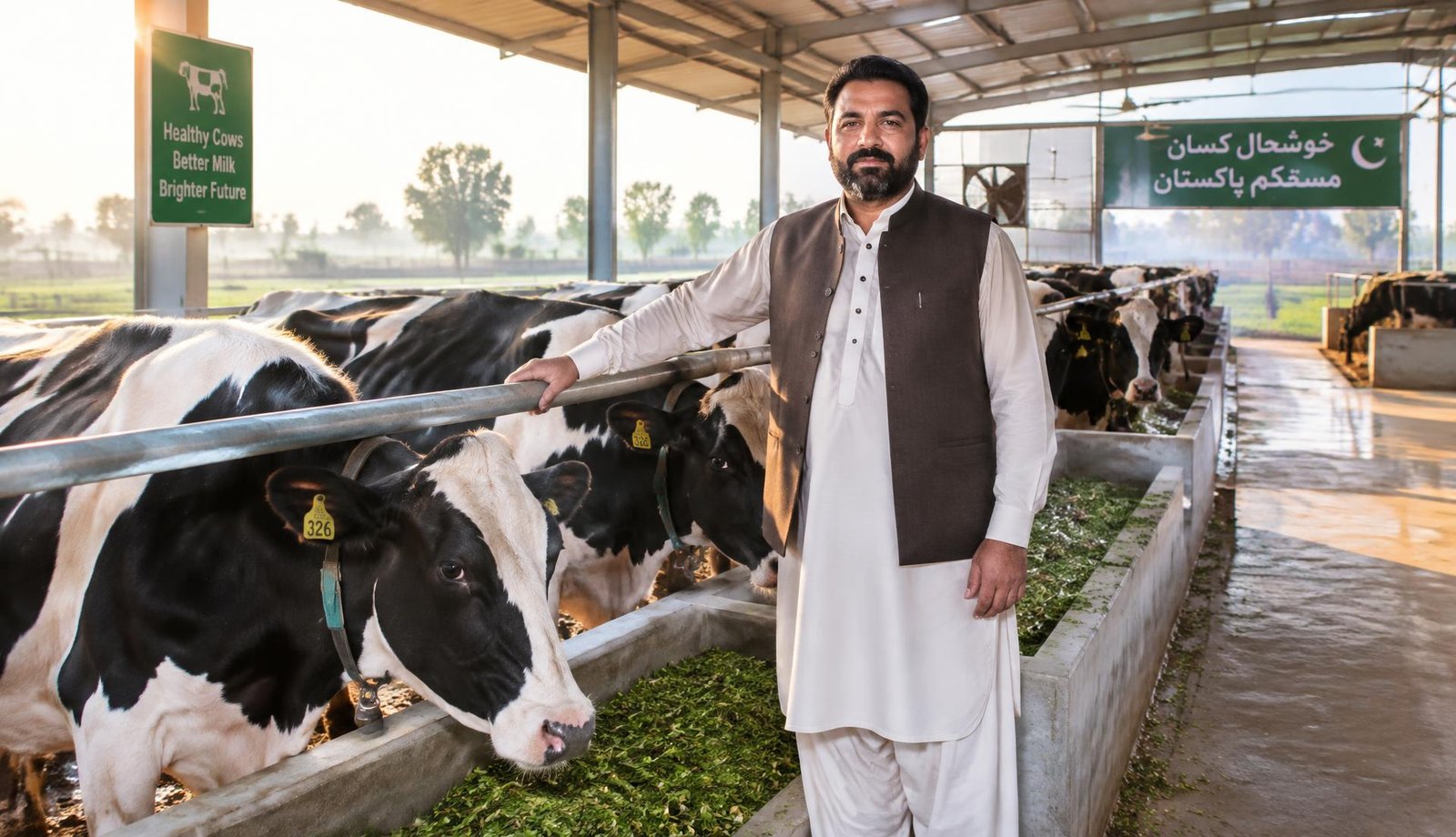 Pakistani farmer standing with healthy dairy cows at a clean modern farm shed