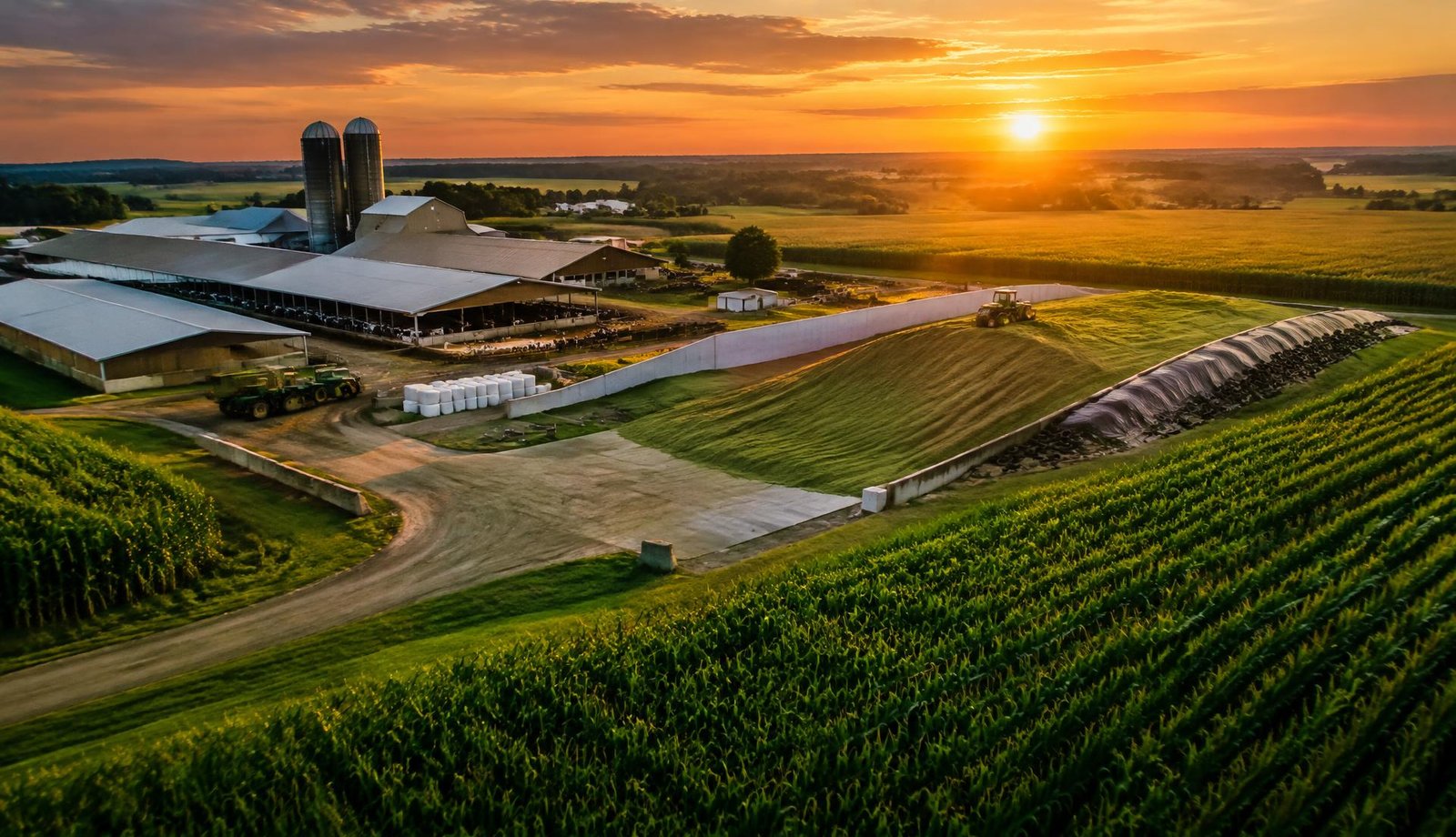 Dairy farm with silage bunker and corn fields at sunset