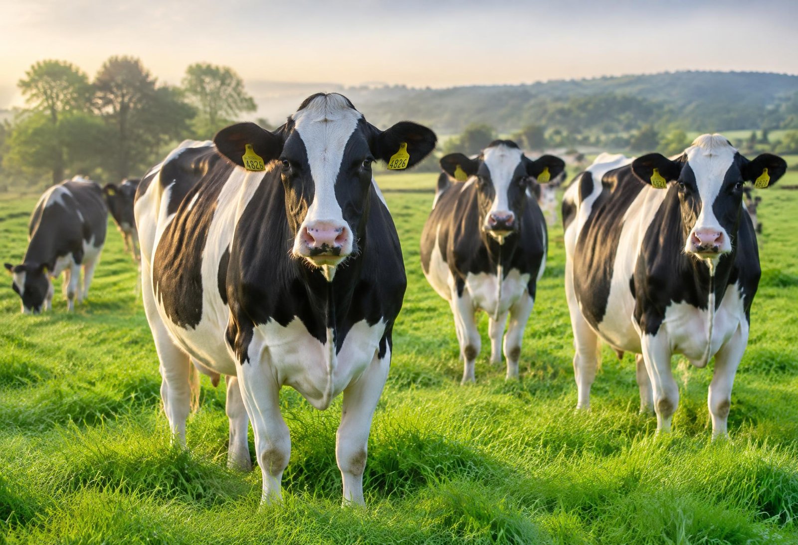 Healthy dairy cattle grazing in a green pasture
