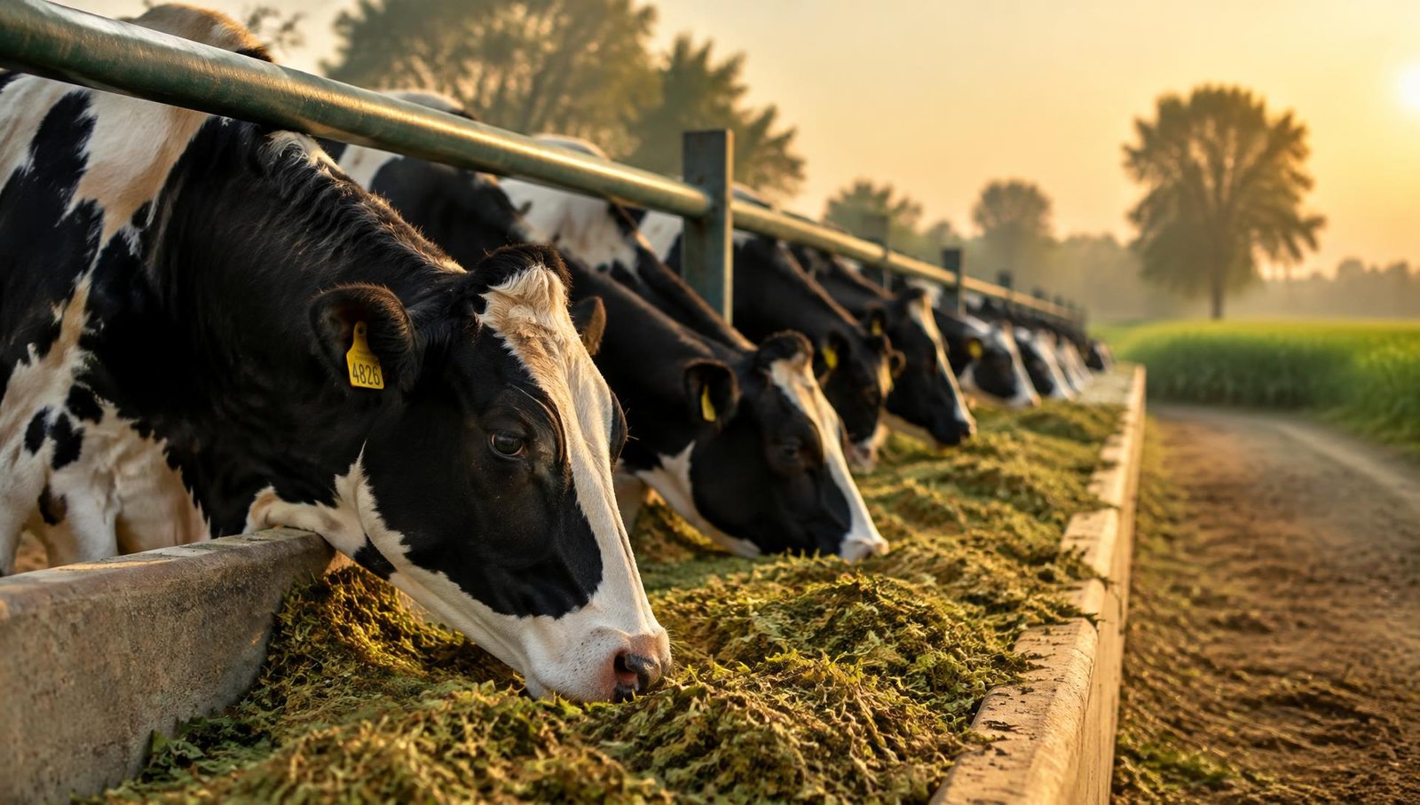 Dairy cows feeding on quality corn silage at a feed bunk