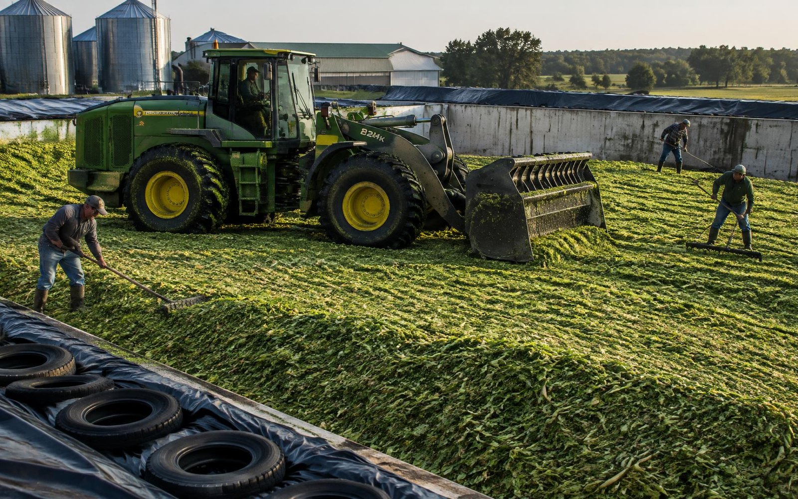 Tractor packing chopped silage into a bunker pit