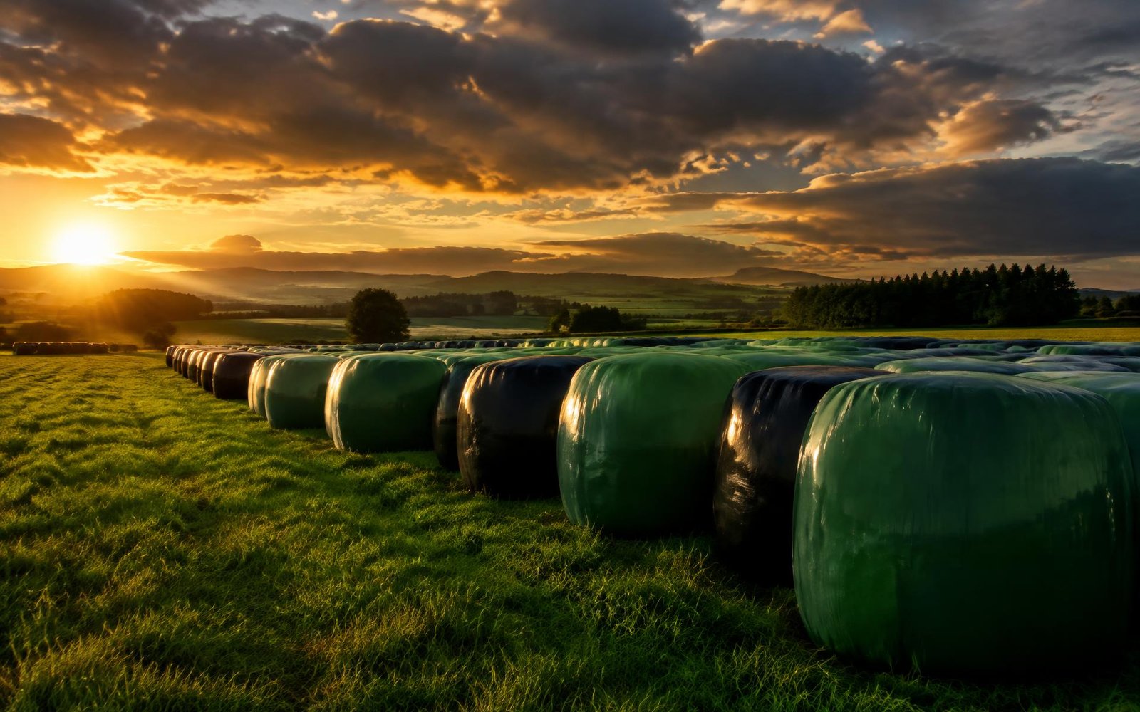 Wrapped silage bales in a field at sunset